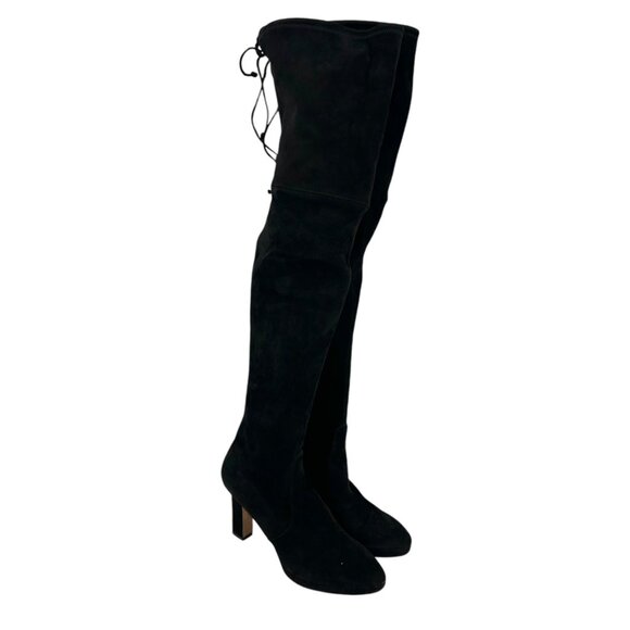 Stuart Weitzman Ledyland Black Suede Leather Tie Back Over the Knee Heeled Boots - Picture 2 of 11